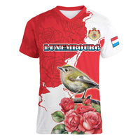 Personalized Luxembourg Goldcrest Regulus Women V-Neck T-Shirt Red Roses - Wonder Print Shop