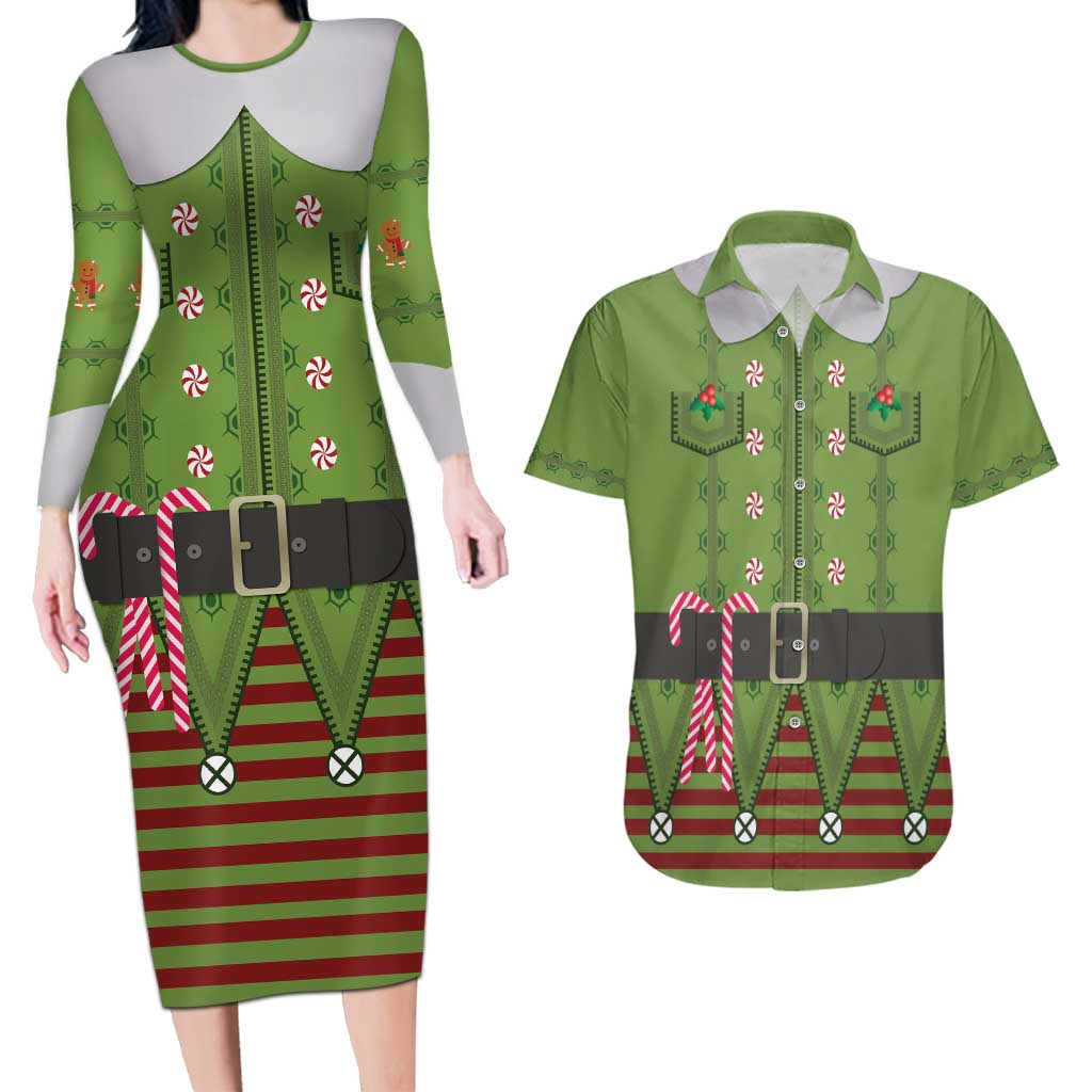 Christmas Costume Elf Couples Matching Long Sleeve Bodycon Dress and Hawaiian Shirt Classic Green Xmas Style - Wonder Print Shop