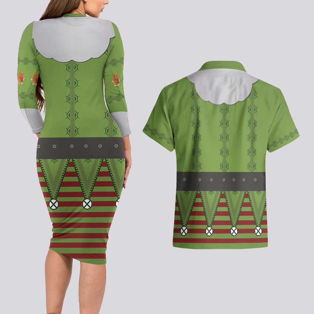 Christmas Costume Elf Couples Matching Long Sleeve Bodycon Dress and Hawaiian Shirt Classic Green Xmas Style - Wonder Print Shop