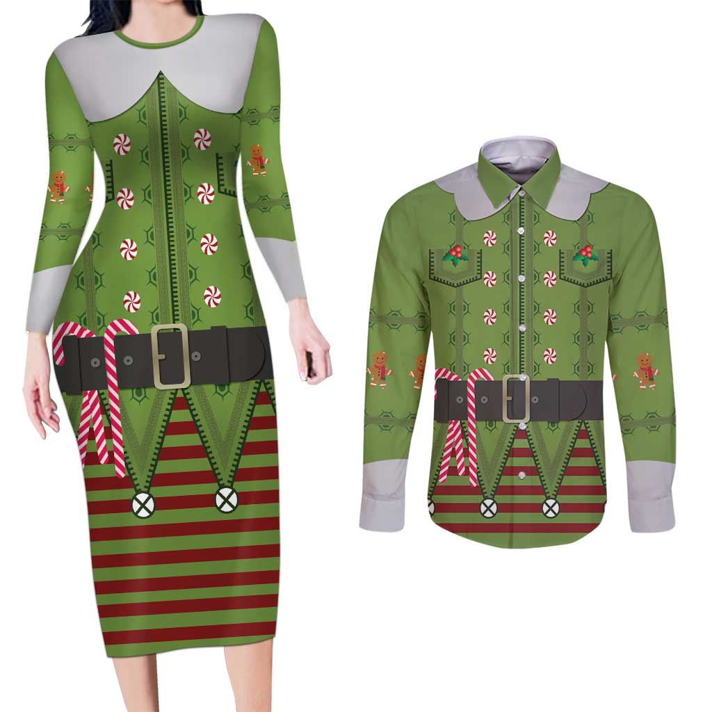 Christmas Costume Elf Couples Matching Long Sleeve Bodycon Dress and Long Sleeve Button Shirt Classic Green Xmas Style - Wonder Print Shop