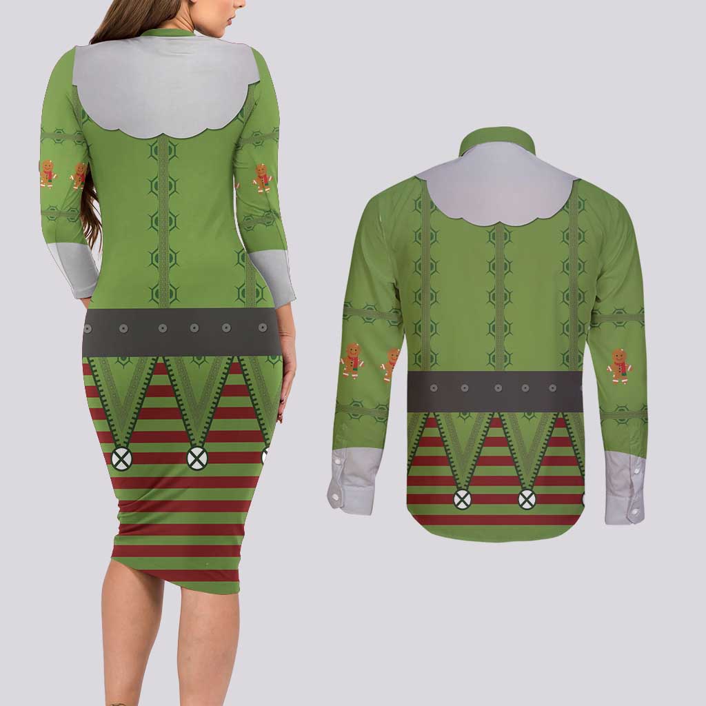 Christmas Costume Elf Couples Matching Long Sleeve Bodycon Dress and Long Sleeve Button Shirt Classic Green Xmas Style - Wonder Print Shop