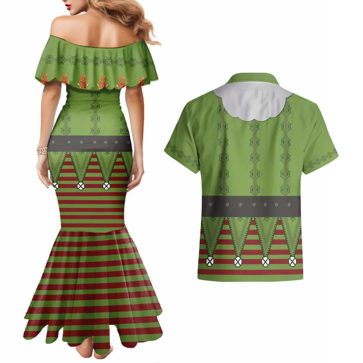 Christmas Costume Elf Couples Matching Mermaid Dress and Hawaiian Shirt Classic Green Xmas Style - Wonder Print Shop