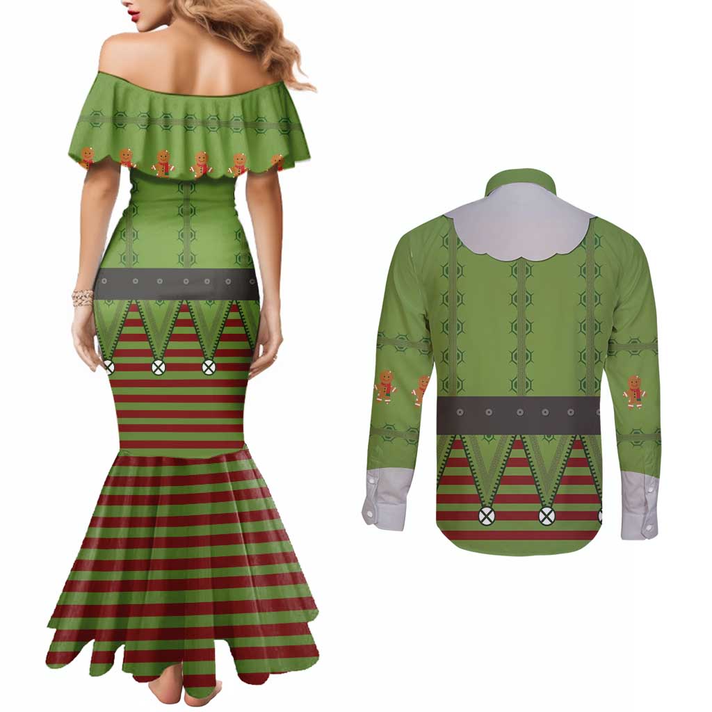 Christmas Costume Elf Couples Matching Mermaid Dress and Long Sleeve Button Shirt Classic Green Xmas Style - Wonder Print Shop