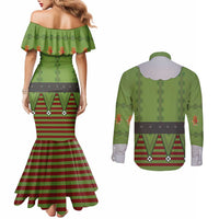 Christmas Costume Elf Couples Matching Mermaid Dress and Long Sleeve Button Shirt Classic Green Xmas Style - Wonder Print Shop