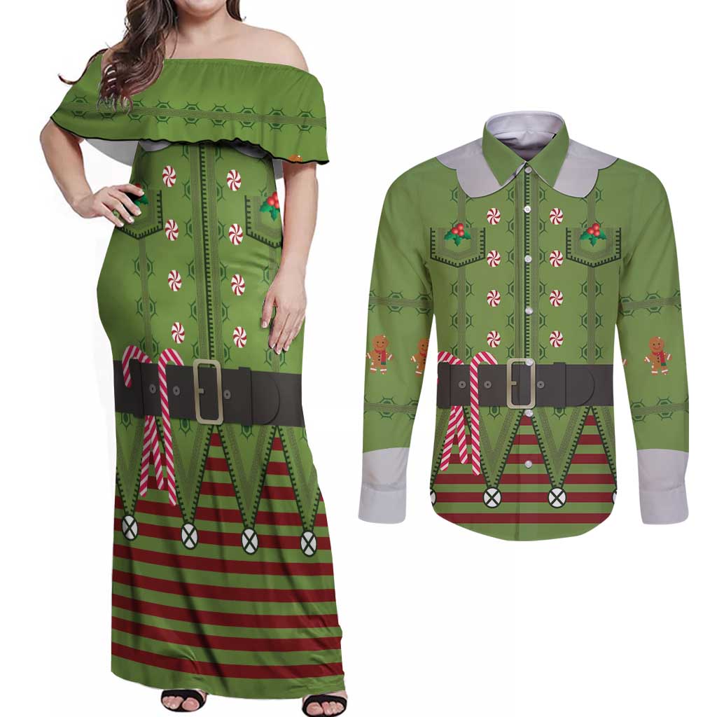 Christmas Costume Elf Couples Matching Off Shoulder Maxi Dress and Long Sleeve Button Shirt Classic Green Xmas Style - Wonder Print Shop