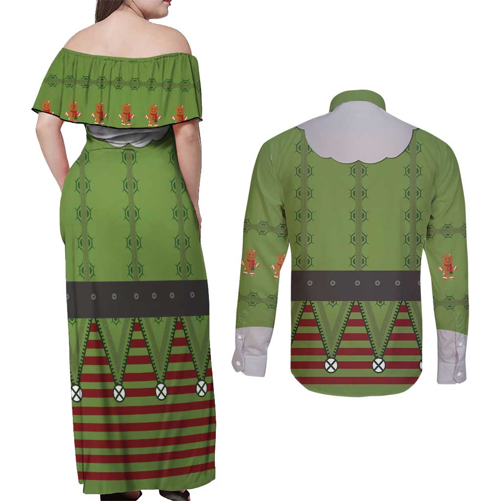 Christmas Costume Elf Couples Matching Off Shoulder Maxi Dress and Long Sleeve Button Shirt Classic Green Xmas Style - Wonder Print Shop