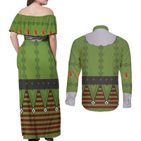 Christmas Costume Elf Couples Matching Off Shoulder Maxi Dress and Long Sleeve Button Shirt Classic Green Xmas Style - Wonder Print Shop