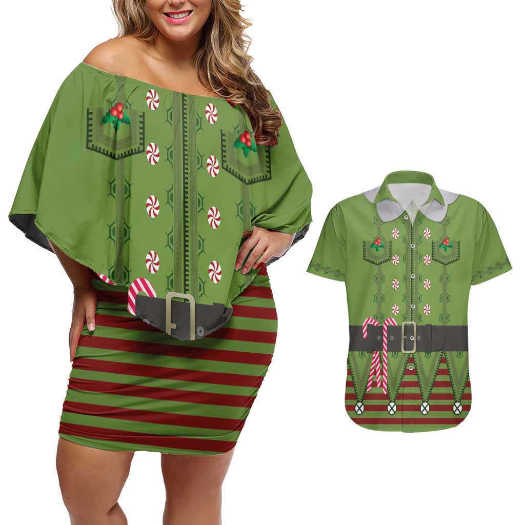 Christmas Costume Elf Couples Matching Off Shoulder Short Dress and Hawaiian Shirt Classic Green Xmas Style - Wonder Print Shop