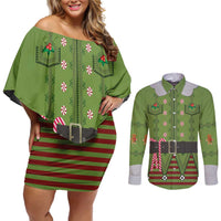 Christmas Costume Elf Couples Matching Off Shoulder Short Dress and Long Sleeve Button Shirt Classic Green Xmas Style - Wonder Print Shop