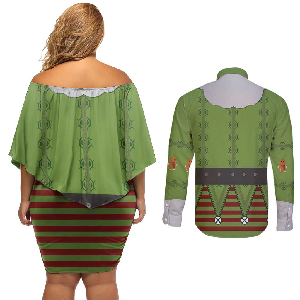 Christmas Costume Elf Couples Matching Off Shoulder Short Dress and Long Sleeve Button Shirt Classic Green Xmas Style - Wonder Print Shop