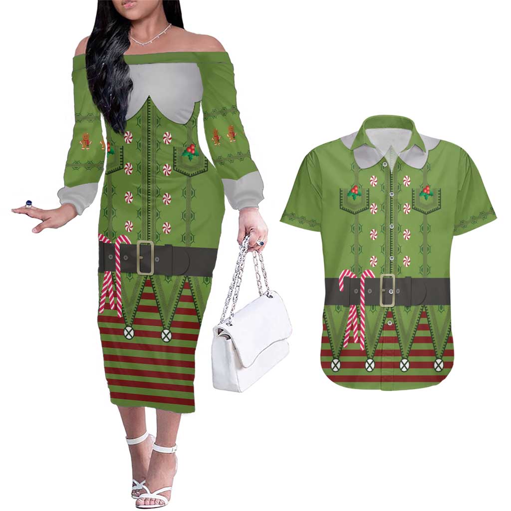 Christmas Costume Elf Couples Matching Off The Shoulder Long Sleeve Dress and Hawaiian Shirt Classic Green Xmas Style - Wonder Print Shop