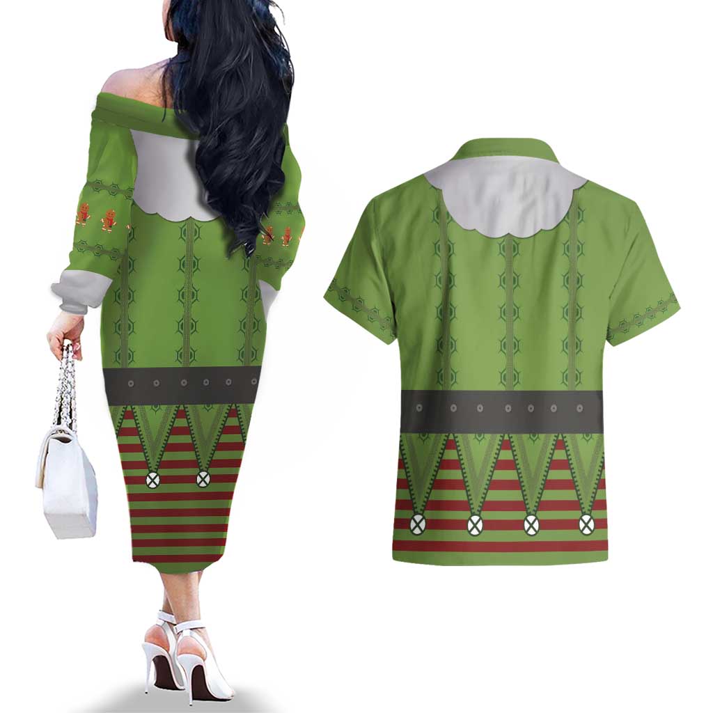 Christmas Costume Elf Couples Matching Off The Shoulder Long Sleeve Dress and Hawaiian Shirt Classic Green Xmas Style - Wonder Print Shop