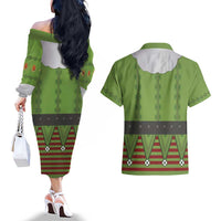Christmas Costume Elf Couples Matching Off The Shoulder Long Sleeve Dress and Hawaiian Shirt Classic Green Xmas Style - Wonder Print Shop