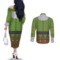 Christmas Costume Elf Couples Matching Off The Shoulder Long Sleeve Dress and Long Sleeve Button Shirt Classic Green Xmas Style - Wonder Print Shop