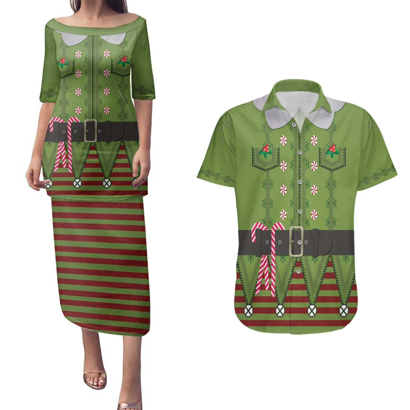 Christmas Costume Elf Couples Matching Puletasi and Hawaiian Shirt Classic Green Xmas Style - Wonder Print Shop