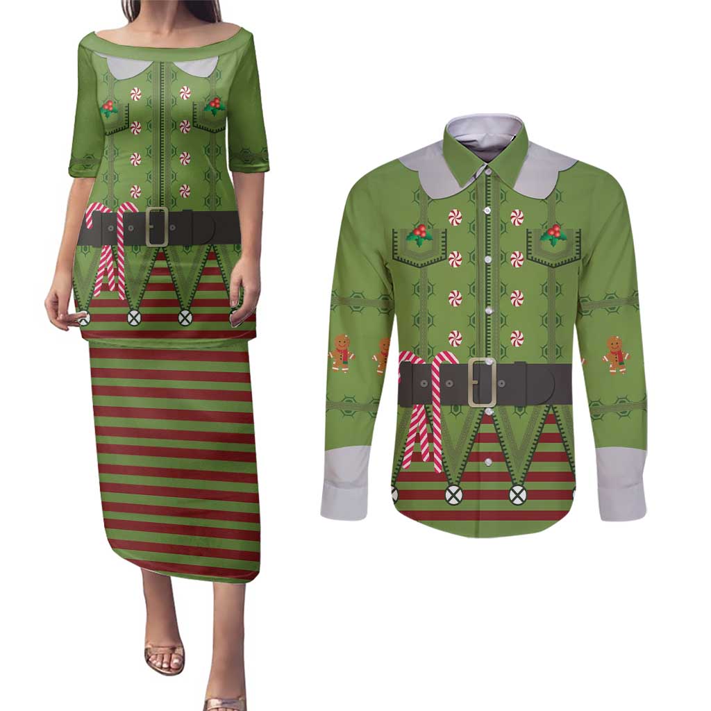 Christmas Costume Elf Couples Matching Puletasi and Long Sleeve Button Shirt Classic Green Xmas Style - Wonder Print Shop