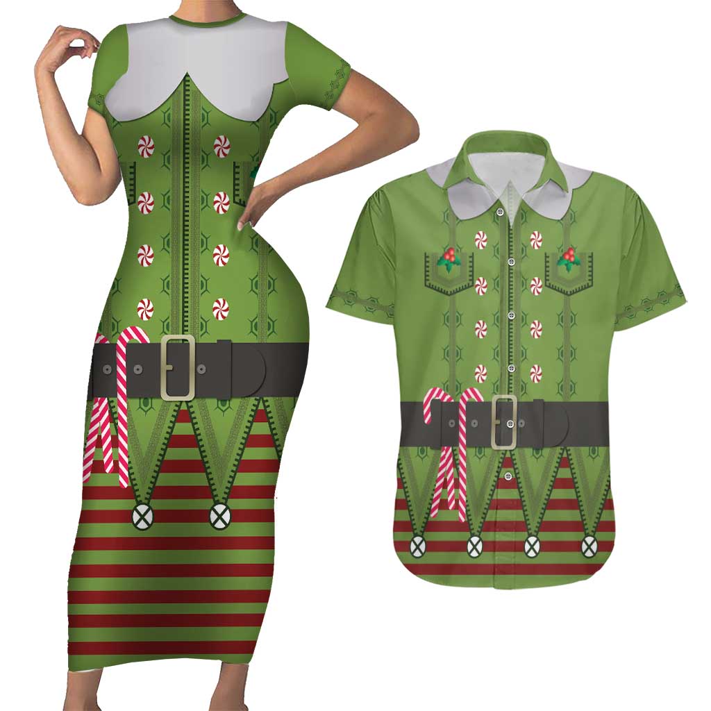 Christmas Costume Elf Couples Matching Short Sleeve Bodycon Dress and Hawaiian Shirt Classic Green Xmas Style - Wonder Print Shop