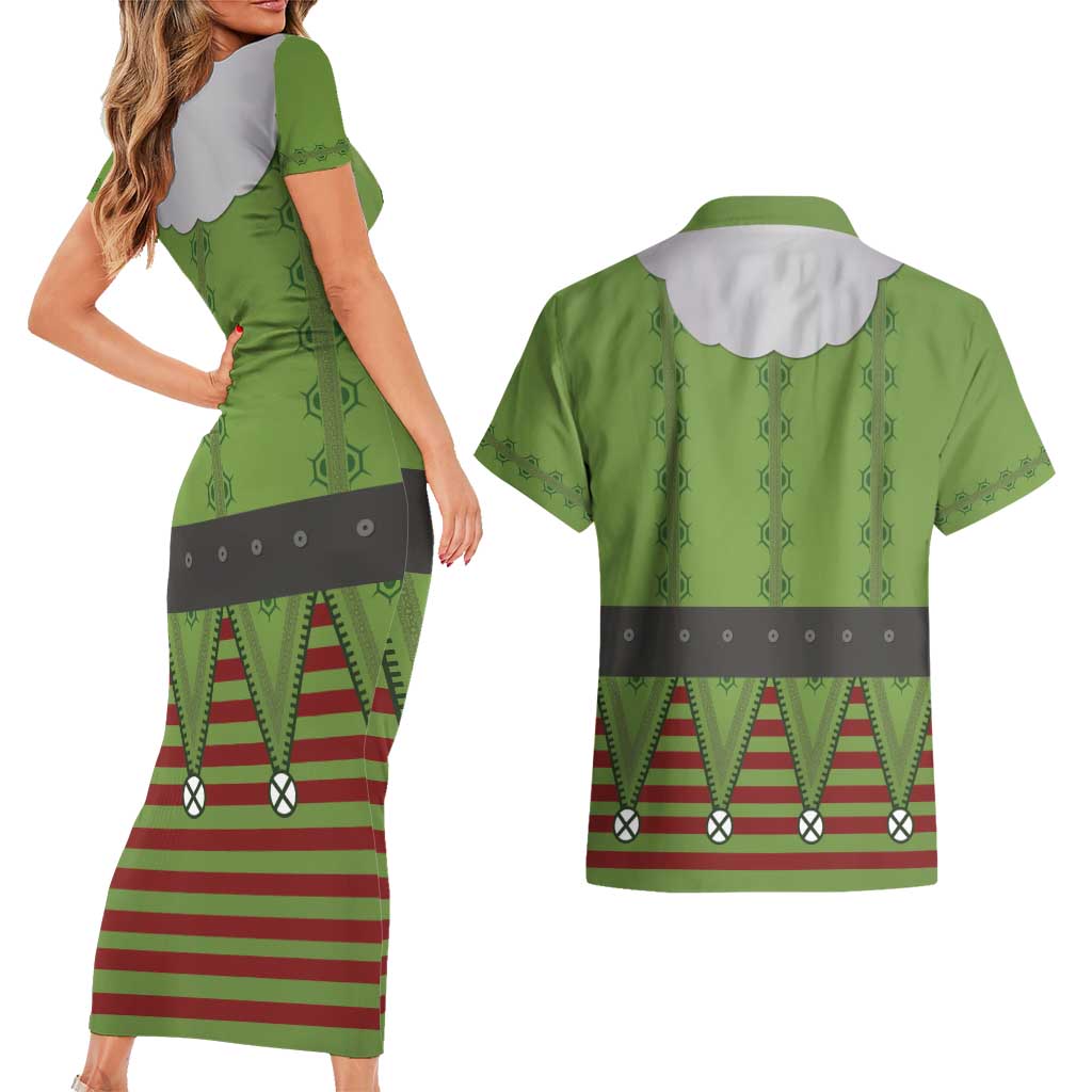 Christmas Costume Elf Couples Matching Short Sleeve Bodycon Dress and Hawaiian Shirt Classic Green Xmas Style - Wonder Print Shop