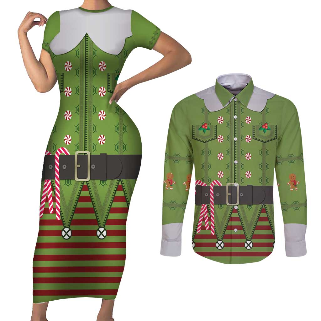 Christmas Costume Elf Couples Matching Short Sleeve Bodycon Dress and Long Sleeve Button Shirt Classic Green Xmas Style - Wonder Print Shop