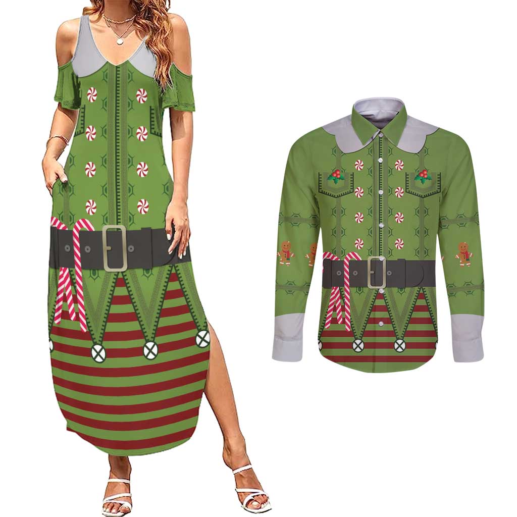Christmas Costume Elf Couples Matching Summer Maxi Dress and Long Sleeve Button Shirt Classic Green Xmas Style - Wonder Print Shop