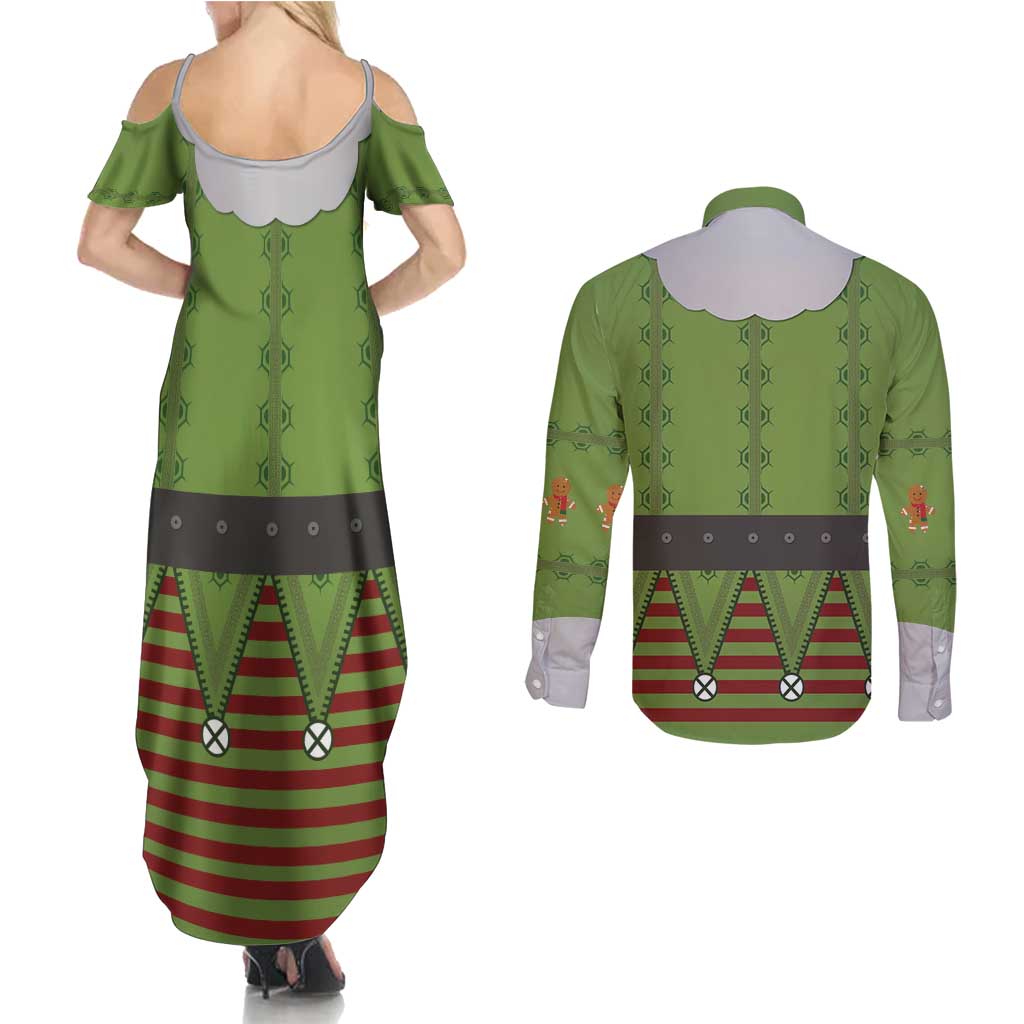 Christmas Costume Elf Couples Matching Summer Maxi Dress and Long Sleeve Button Shirt Classic Green Xmas Style - Wonder Print Shop