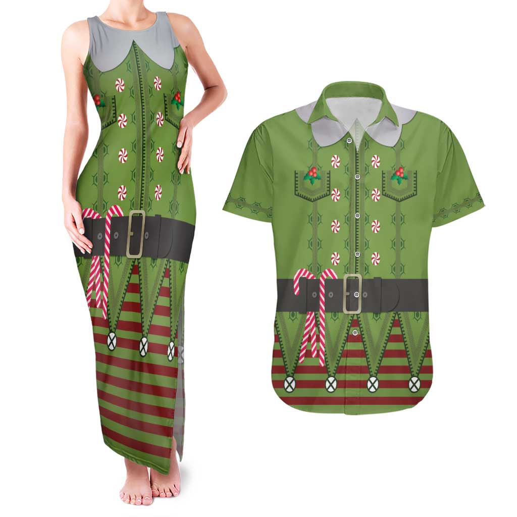 Christmas Costume Elf Couples Matching Tank Maxi Dress and Hawaiian Shirt Classic Green Xmas Style - Wonder Print Shop