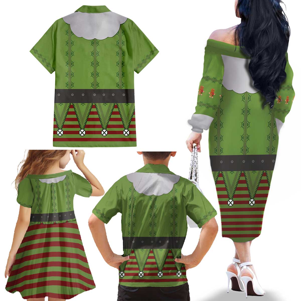 Christmas Costume Elf Family Matching Off The Shoulder Long Sleeve Dress and Hawaiian Shirt Classic Green Xmas Style - Wonder Print Shop