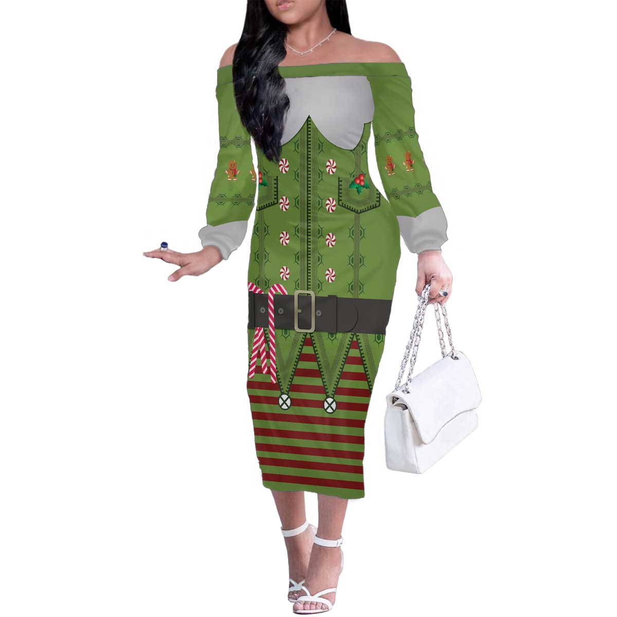 Christmas Costume Elf Family Matching Off The Shoulder Long Sleeve Dress and Hawaiian Shirt Classic Green Xmas Style - Wonder Print Shop