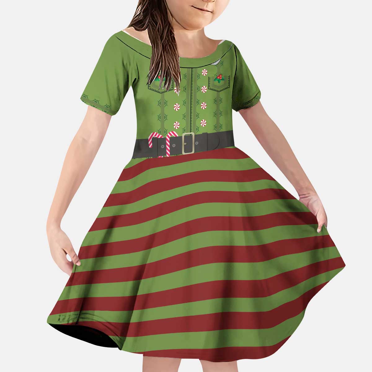Christmas Costume Elf Kid Short Sleeve Dress Classic Green Xmas Style - Wonder Print Shop