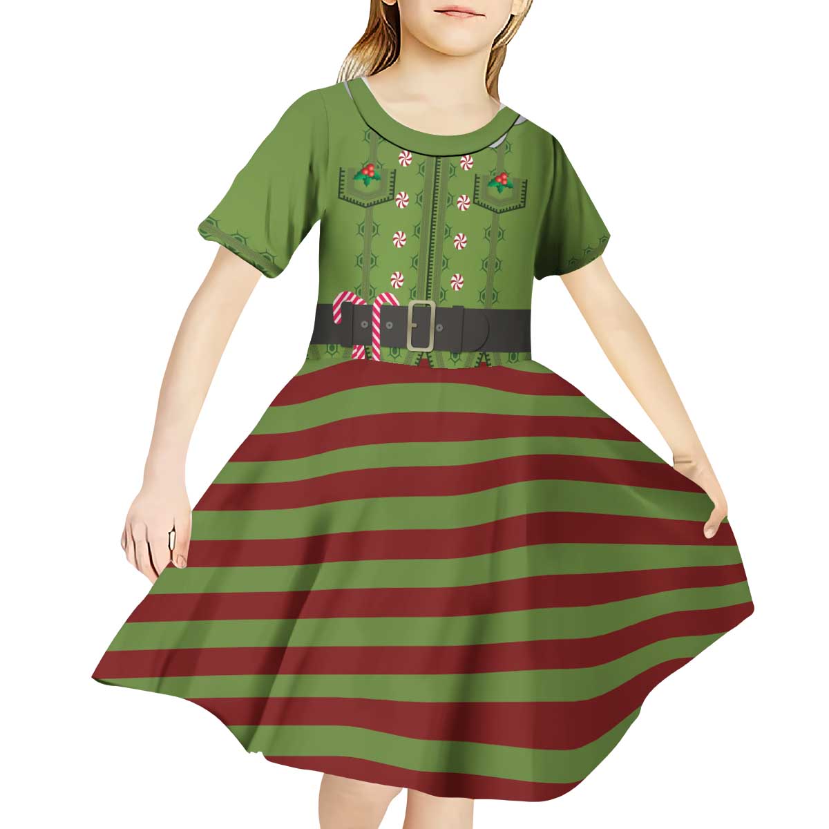 Christmas Costume Elf Kid Short Sleeve Dress Classic Green Xmas Style - Wonder Print Shop