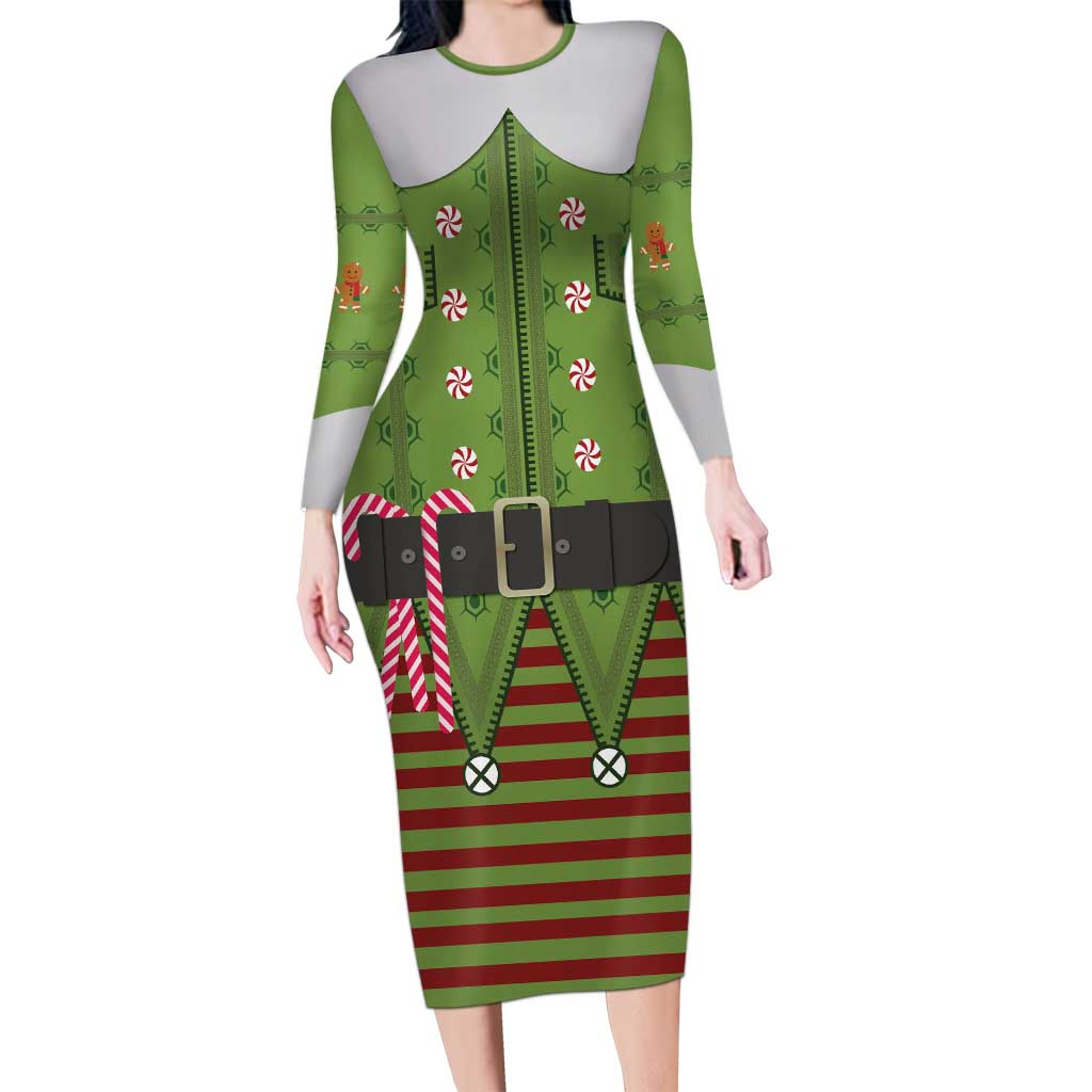 Christmas Costume Elf Long Sleeve Bodycon Dress Classic Green Xmas Style - Wonder Print Shop
