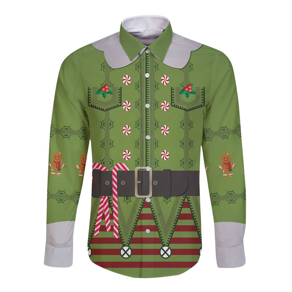 Christmas Costume Elf Long Sleeve Button Shirt Classic Green Xmas Style - Wonder Print Shop