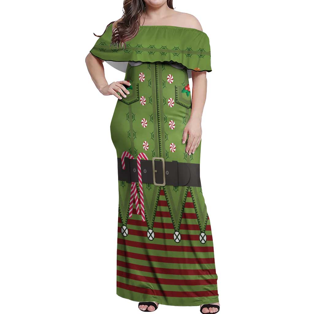 Christmas Costume Elf Off Shoulder Maxi Dress Classic Green Xmas Style - Wonder Print Shop