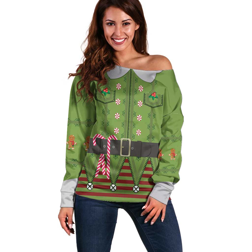 Christmas Costume Elf Off Shoulder Sweater Classic Green Xmas Style - Wonder Print Shop