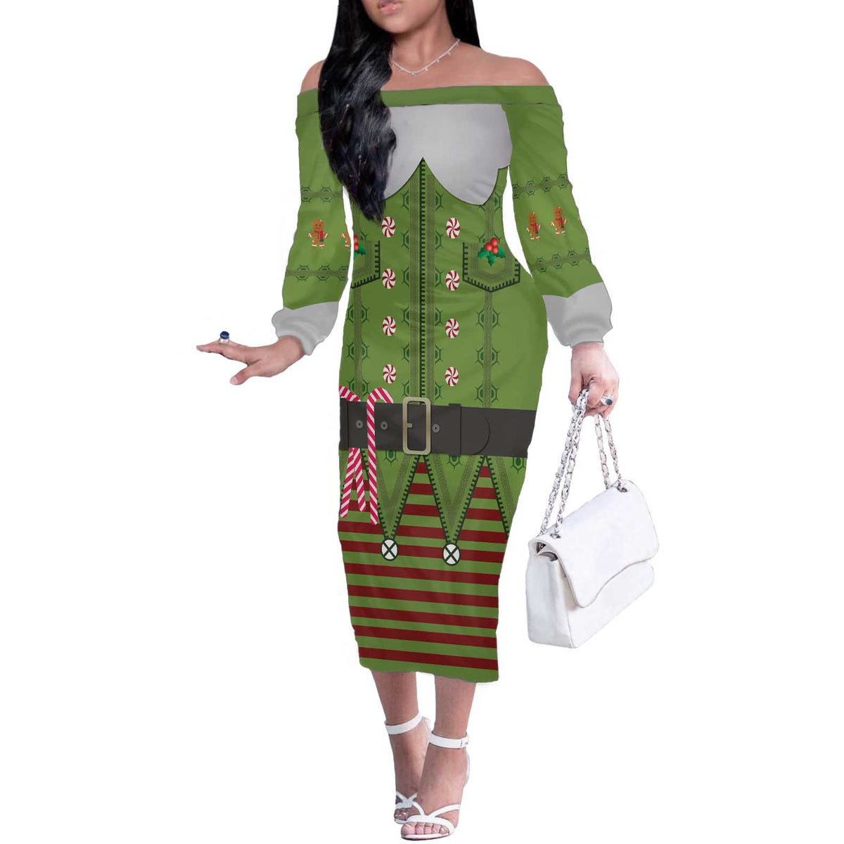 Christmas Costume Elf Off The Shoulder Long Sleeve Dress Classic Green Xmas Style - Wonder Print Shop