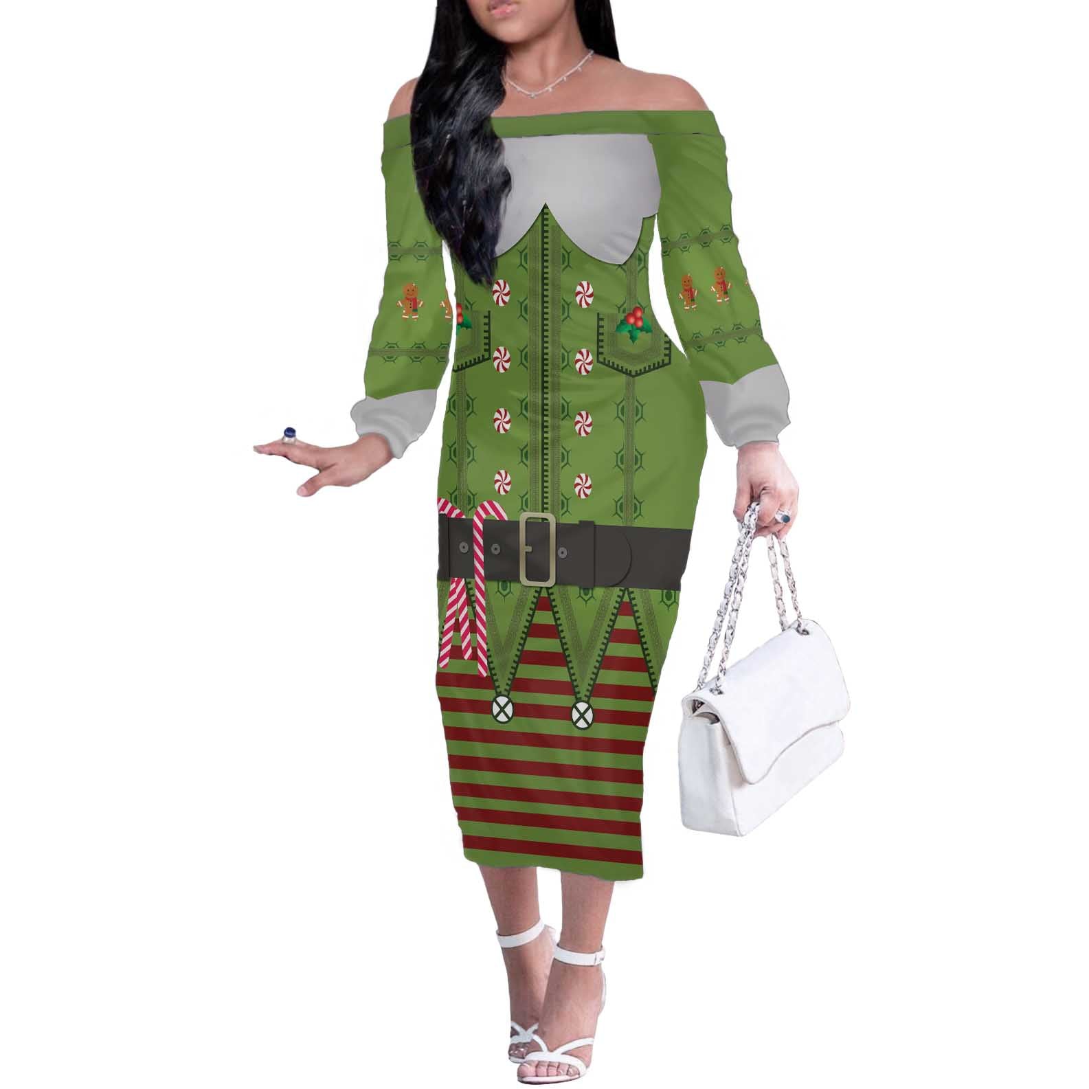 Christmas Costume Elf Off The Shoulder Long Sleeve Dress Classic Green Xmas Style - Wonder Print Shop