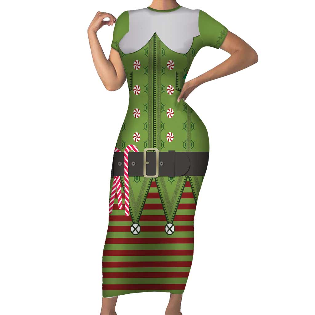Christmas Costume Elf Short Sleeve Bodycon Dress Classic Green Xmas Style - Wonder Print Shop