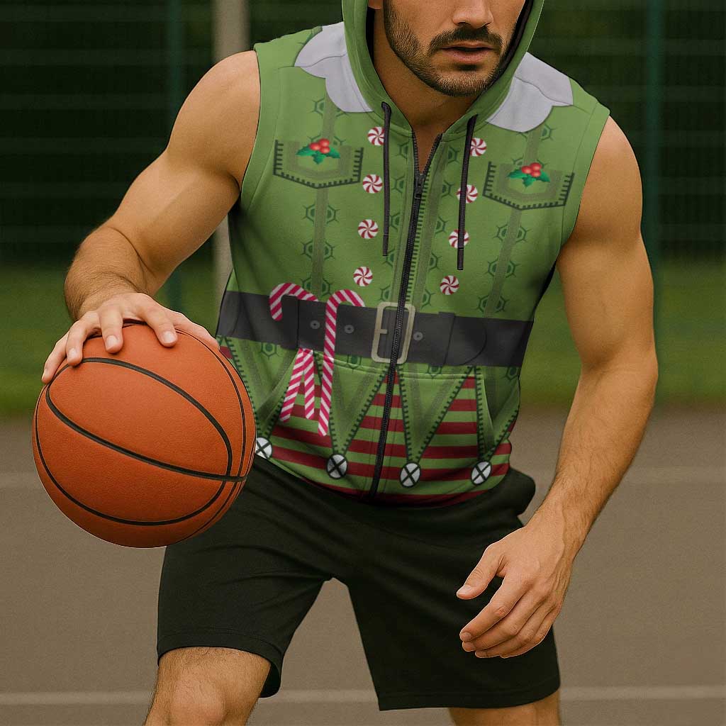 Christmas Costume Elf Sleeveless Zip Hoodie Classic Green Xmas Style - Wonder Print Shop