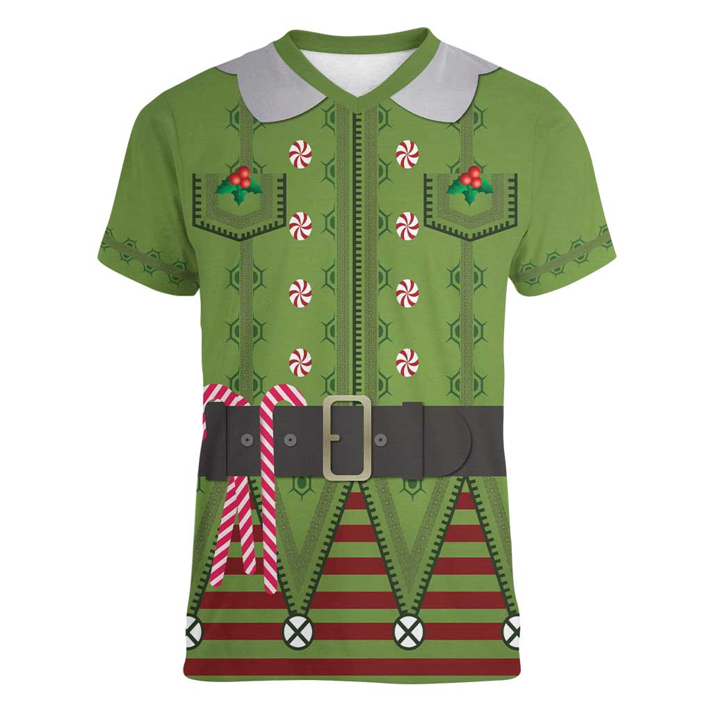 Christmas Costume Elf Women V-Neck T-Shirt Classic Green Xmas Style - Wonder Print Shop