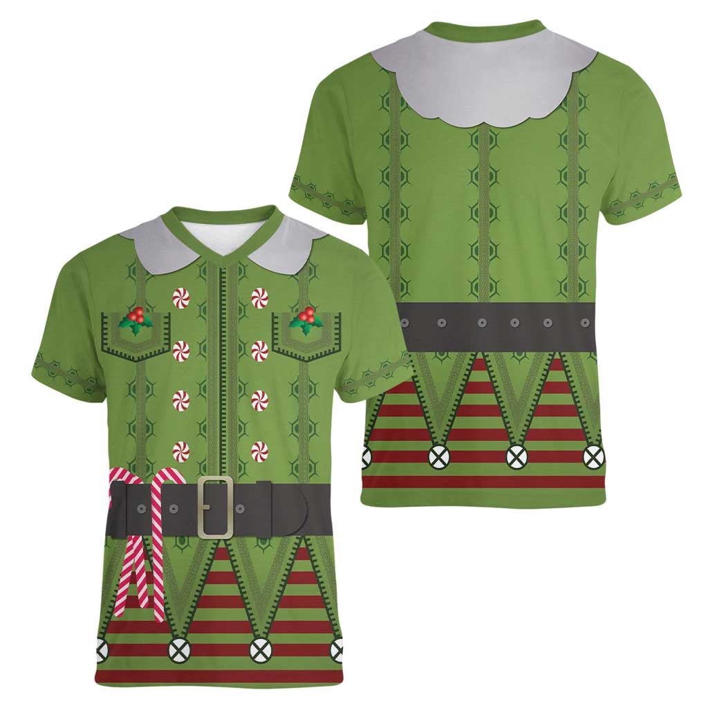 Christmas Costume Elf Women V-Neck T-Shirt Classic Green Xmas Style - Wonder Print Shop