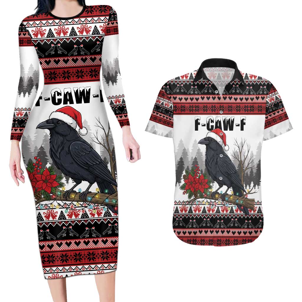 F Caw F Christmas Raven Personalized Couples Matching Long Sleeve Bodycon Dress and Hawaiian Shirt Holiday Crow Festive - Wonder Print Shop