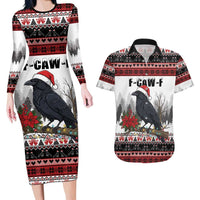 F Caw F Christmas Raven Personalized Couples Matching Long Sleeve Bodycon Dress and Hawaiian Shirt Holiday Crow Festive - Wonder Print Shop