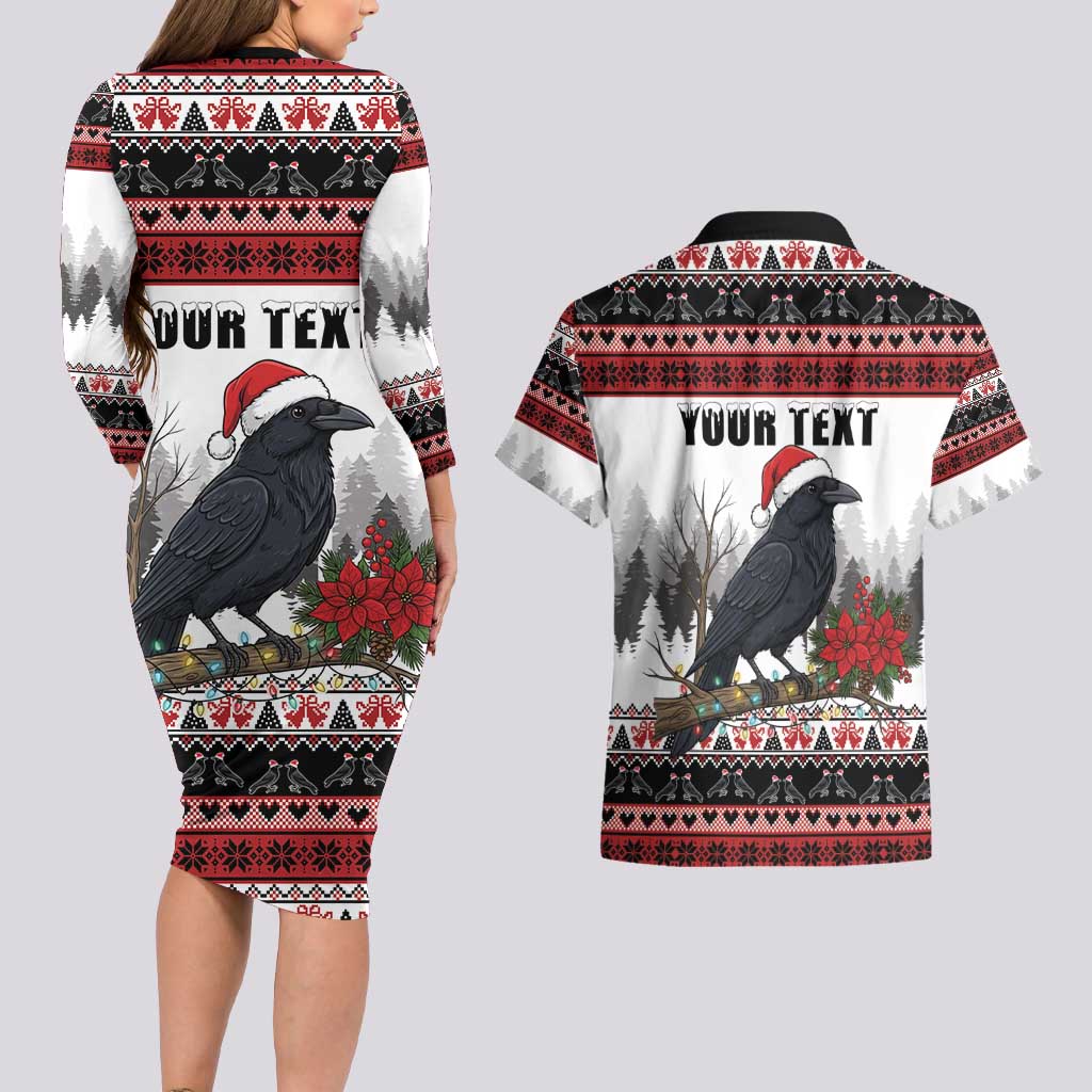F Caw F Christmas Raven Personalized Couples Matching Long Sleeve Bodycon Dress and Hawaiian Shirt Holiday Crow Festive - Wonder Print Shop
