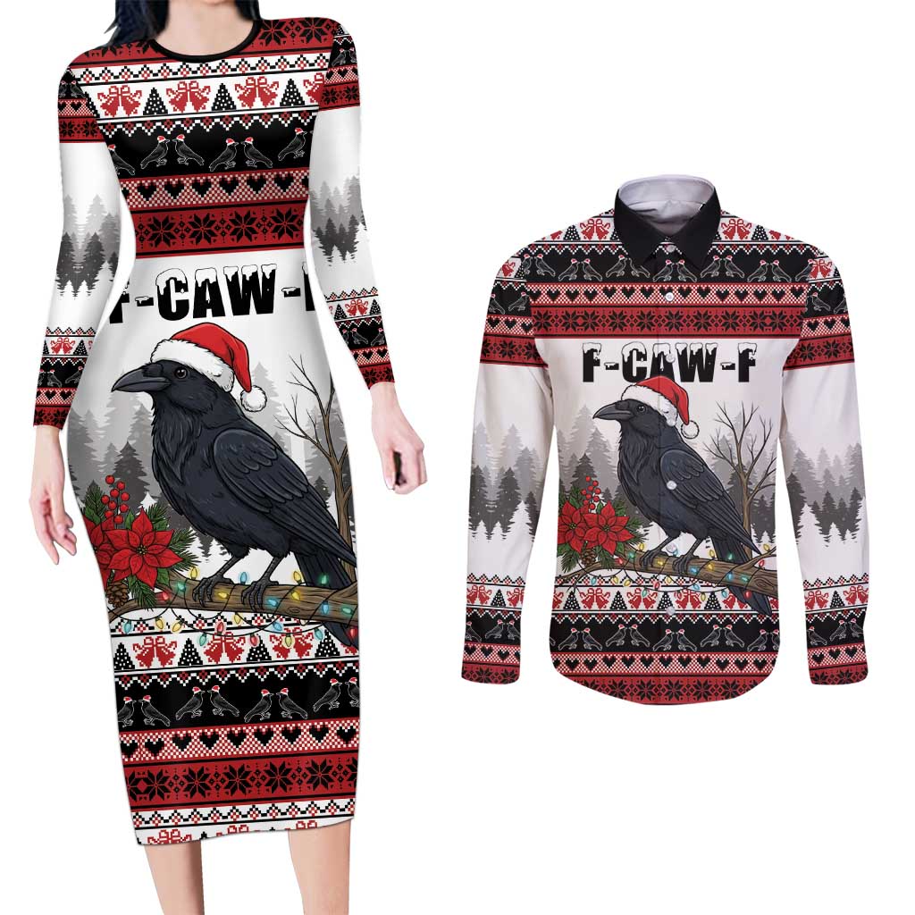 F Caw F Christmas Raven Personalized Couples Matching Long Sleeve Bodycon Dress and Long Sleeve Button Shirt Holiday Crow Festive - Wonder Print Shop