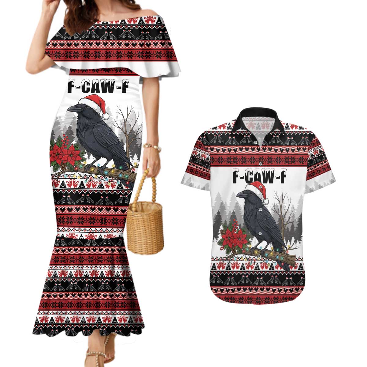 F Caw F Christmas Raven Personalized Couples Matching Mermaid Dress and Hawaiian Shirt Holiday Crow Festive - Wonder Print Shop