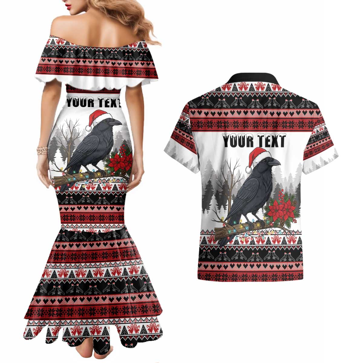 F Caw F Christmas Raven Personalized Couples Matching Mermaid Dress and Hawaiian Shirt Holiday Crow Festive - Wonder Print Shop
