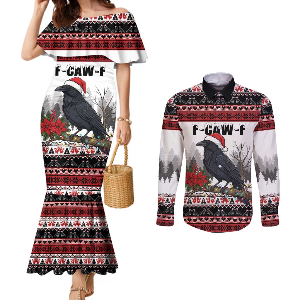F Caw F Christmas Raven Personalized Couples Matching Mermaid Dress and Long Sleeve Button Shirt Holiday Crow Festive - Wonder Print Shop