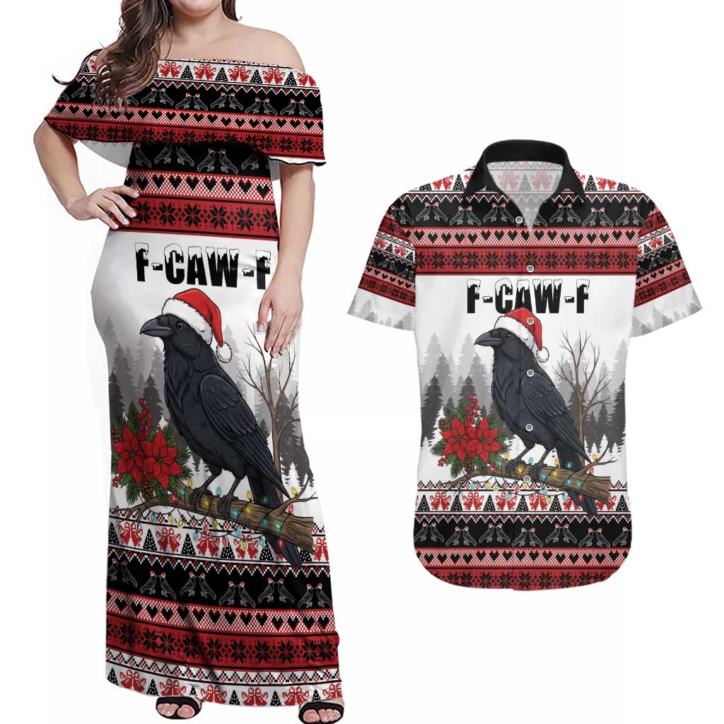 F Caw F Christmas Raven Personalized Couples Matching Off Shoulder Maxi Dress and Hawaiian Shirt Holiday Crow Festive - Wonder Print Shop