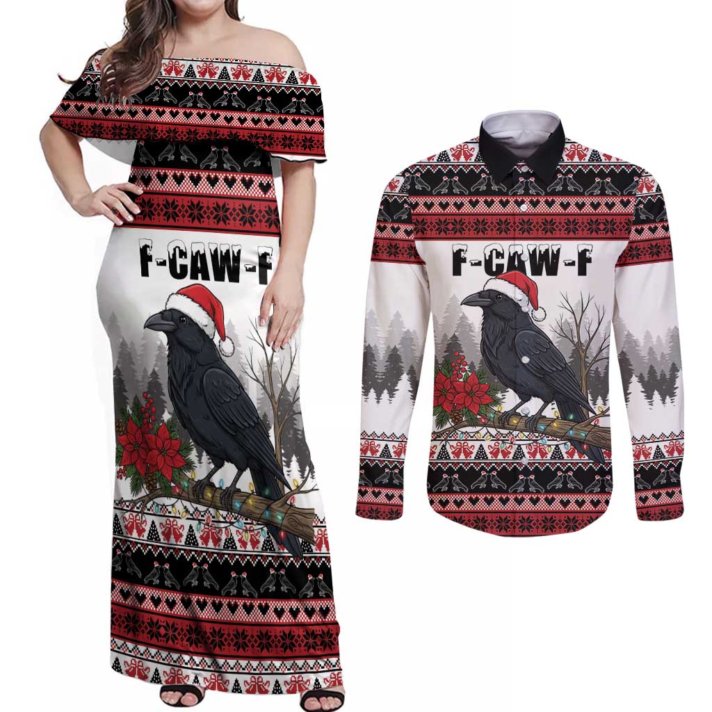 F Caw F Christmas Raven Personalized Couples Matching Off Shoulder Maxi Dress and Long Sleeve Button Shirt Holiday Crow Festive - Wonder Print Shop