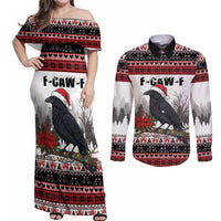 F Caw F Christmas Raven Personalized Couples Matching Off Shoulder Maxi Dress and Long Sleeve Button Shirt Holiday Crow Festive - Wonder Print Shop